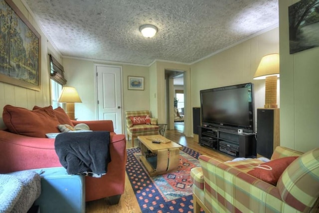 living area featuring wood finished floors, ornamental molding, and a textured ceiling