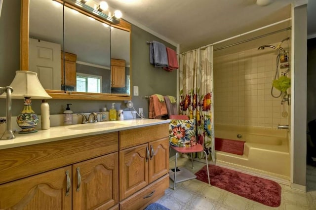 full bath with shower / bath combo with shower curtain and vanity