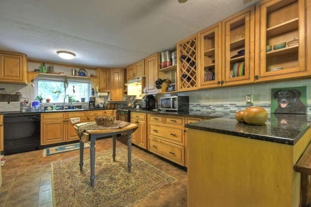kitchen featuring black appliances, open shelves, backsplash, and a sink