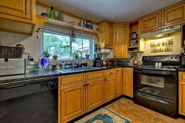 kitchen featuring black appliances, a sink, under cabinet range hood, and decorative backsplash