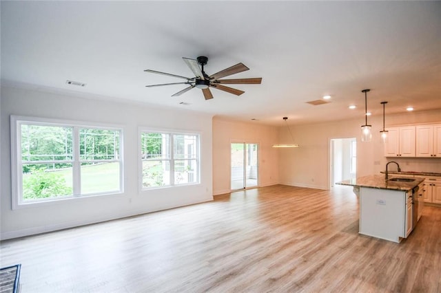 5354 Shadow Walk Way, Gainesville, GA 30507 - kitchen featuring a sink, open floor plan, recessed lighting, light wood-style flooring, and ceiling fan