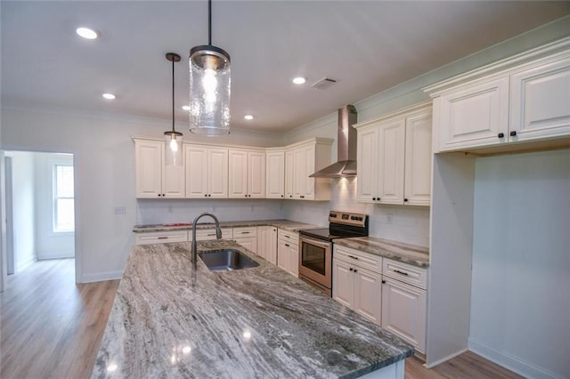 5354 Shadow Walk Way, Gainesville, GA 30507 - kitchen featuring wall chimney range hood, electric stove, a sink, tasteful backsplash, and light wood-style floors