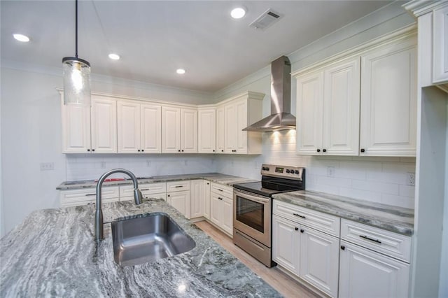 5354 Shadow Walk Way, Gainesville, GA 30507 - kitchen featuring stainless steel range with electric stovetop, wall chimney exhaust hood, a sink, tasteful backsplash, and pendant lighting