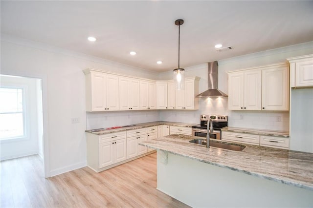 5354 Shadow Walk Way, Gainesville, GA 30507 - kitchen featuring wall chimney exhaust hood, tasteful backsplash, a sink, light stone countertops, and light wood finished floors