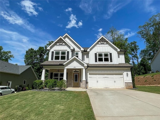5354 Shadow Walk Way, Gainesville, GA 30507 - craftsman-style home with board and batten siding, brick siding, concrete driveway, a front lawn, and an attached garage
