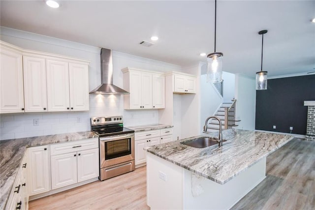 5354 Shadow Walk Way, Gainesville, GA 30507 - kitchen featuring electric range, wall chimney exhaust hood, a sink, tasteful backsplash, and light wood-style flooring