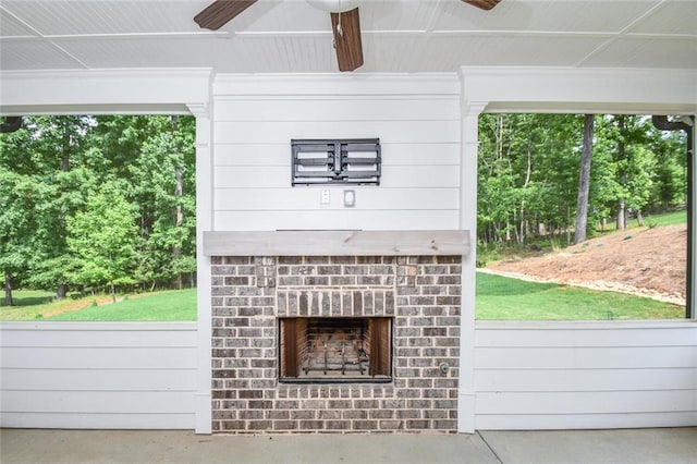5354 Shadow Walk Way, Gainesville, GA 30507 - view of patio / terrace with an outdoor brick fireplace and ceiling fan