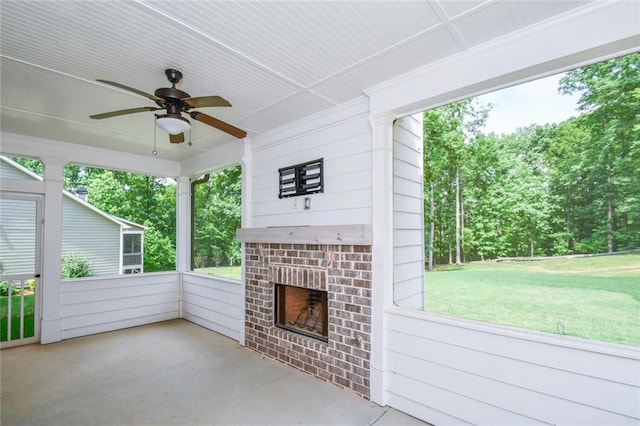 5354 Shadow Walk Way, Gainesville, GA 30507 - view of patio / terrace featuring an outdoor brick fireplace and ceiling fan