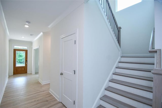 5354 Shadow Walk Way, Gainesville, GA 30507 - stairs with wood finished floors, baseboards, and recessed lighting