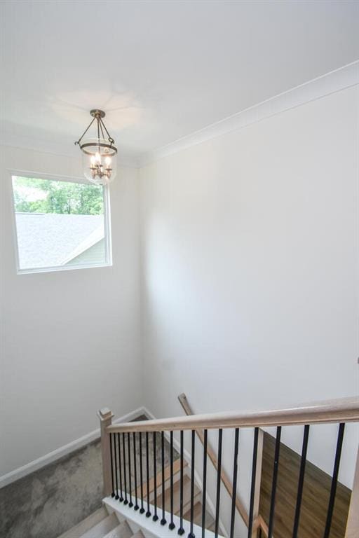 5354 Shadow Walk Way, Gainesville, GA 30507 - stairs featuring a chandelier, crown molding, and baseboards