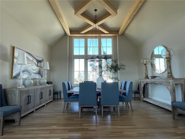 dining room with dark hardwood / wood-style floors, high vaulted ceiling, and beam ceiling