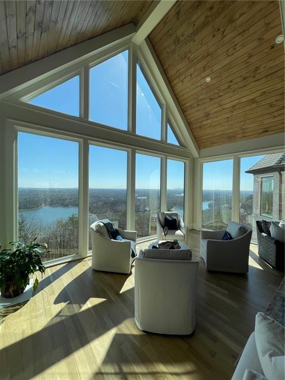 living room featuring high vaulted ceiling, a water view, hardwood / wood-style floors, and wood ceiling