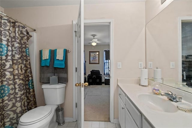 bathroom featuring tile patterned flooring, vanity, toilet, and ceiling fan