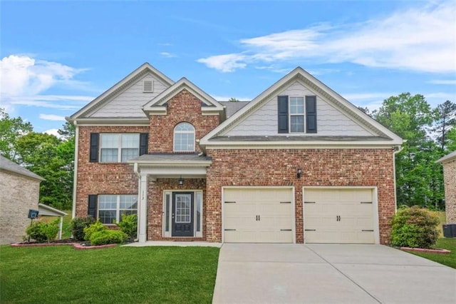 view of front of property featuring concrete driveway, a front yard, and brick siding