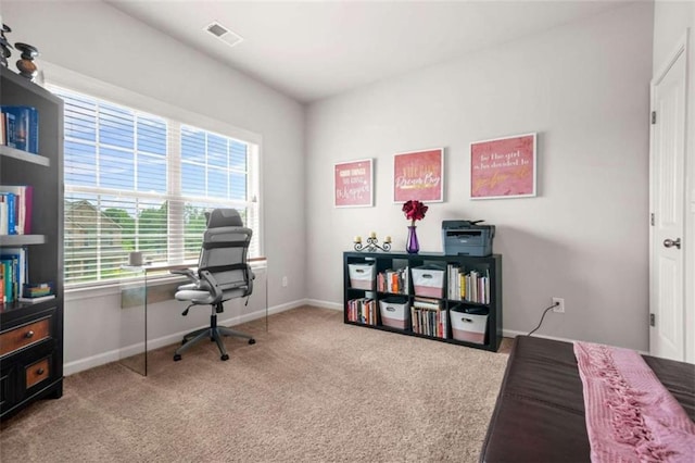 office area with baseboards, visible vents, and carpet