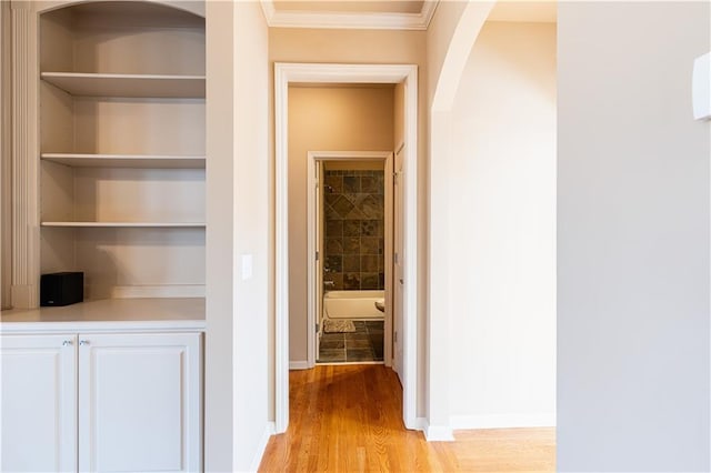 hallway featuring light wood-type flooring and ornamental molding