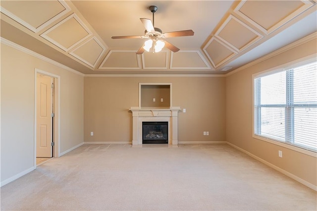 unfurnished living room featuring coffered ceiling, light carpet, crown molding, and ceiling fan