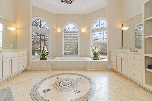 bathroom with a tub, vanity, and crown molding