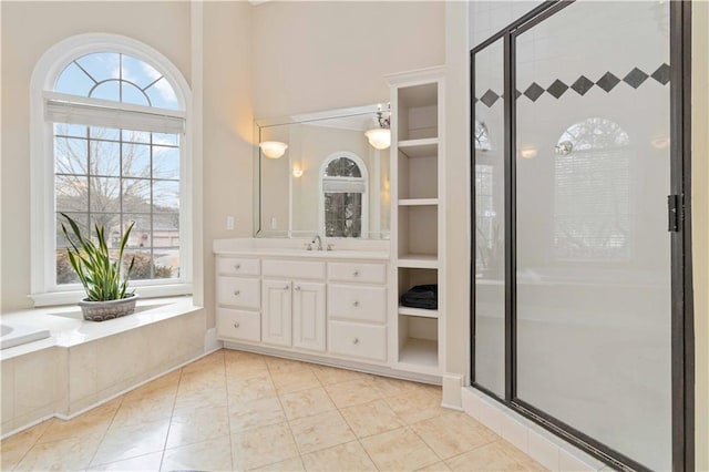 bathroom with vanity and plus walk in shower