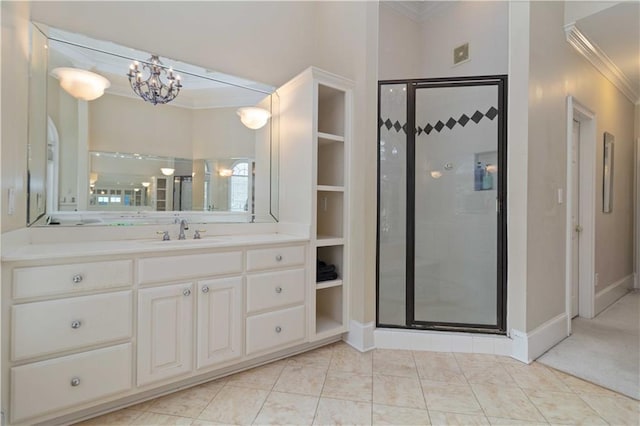 bathroom featuring ornamental molding, walk in shower, a notable chandelier, and vanity