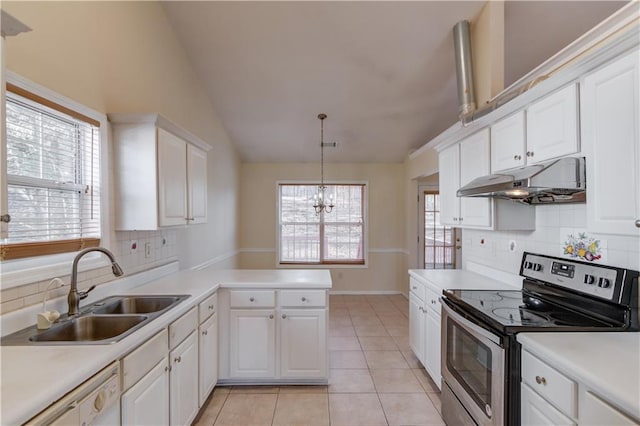 kitchen featuring white cabinets, under cabinet range hood, light countertops, and electric stove