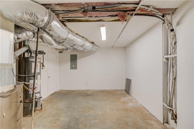 unfinished basement with gas water heater and electric panel