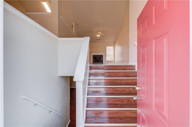 staircase featuring a ceiling fan