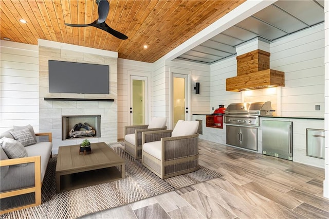 living room featuring a fireplace, wooden ceiling, ceiling fan, and wood walls