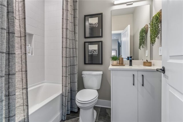 full bathroom with tile patterned floors, vanity, toilet, and shower / bathtub combination with curtain