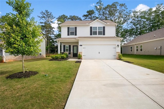 217 Limestone Cir, Conyers, GA 30013 - view of front of home with an attached garage, driveway, a front yard, and board and batten siding
