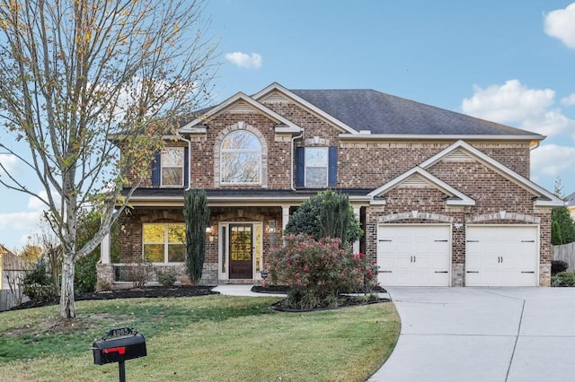 craftsman-style house with a garage and a front lawn