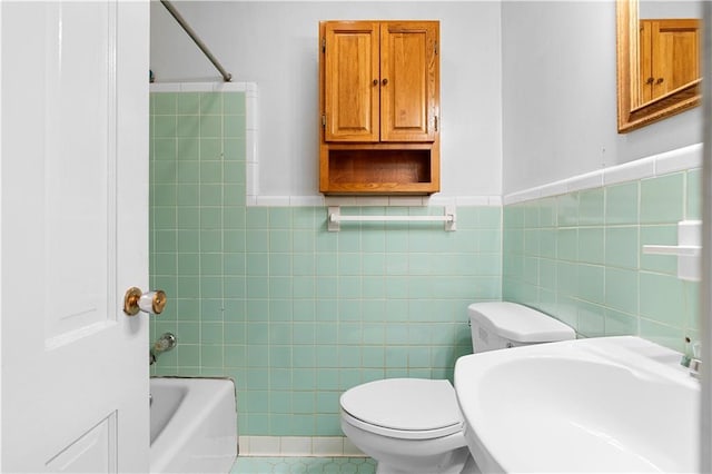 300 S Dale Ave, Calhoun, GA 30701 - bathroom with tile walls, a tub to relax in, a shower, tile patterned floors, and a wainscoted wall
