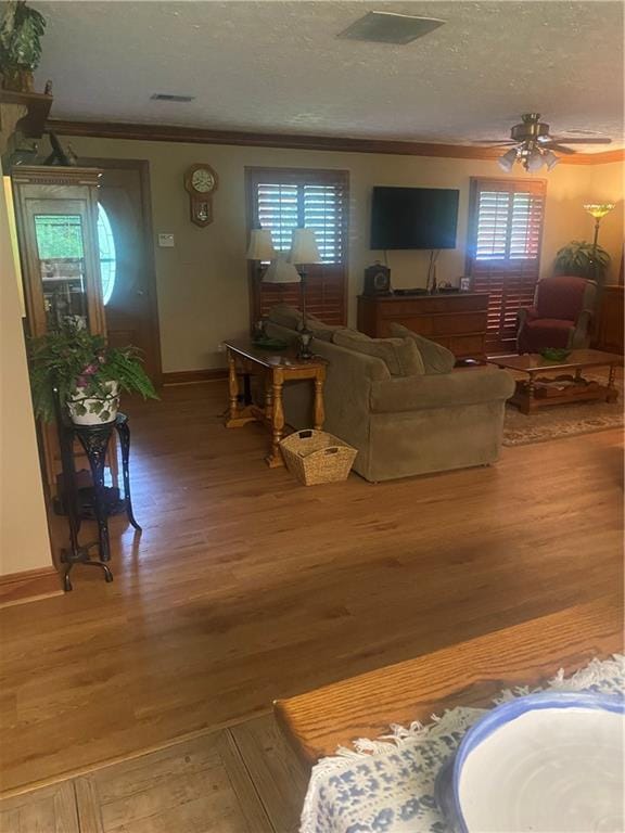 living room featuring hardwood / wood-style flooring, a healthy amount of sunlight, ornamental molding, and a textured ceiling