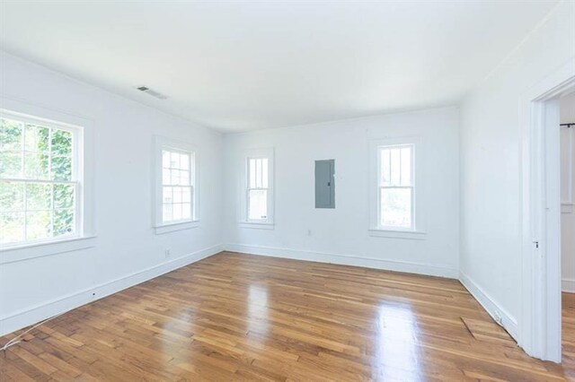 unfurnished room with plenty of natural light, electric panel, and light hardwood / wood-style flooring