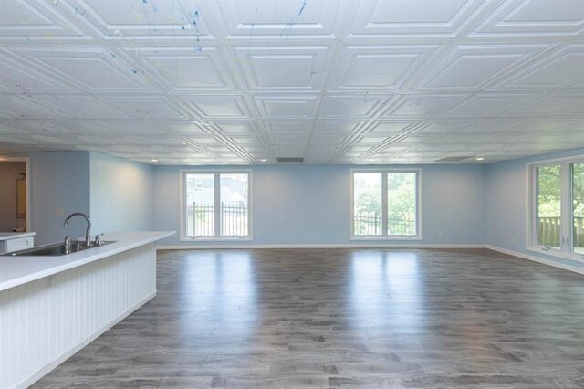 unfurnished living room with hardwood / wood-style flooring and sink