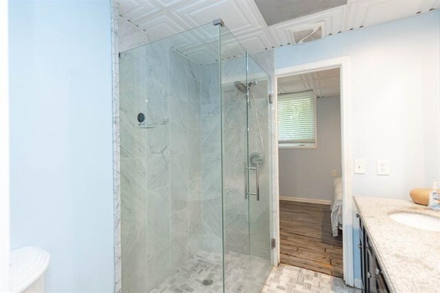 bathroom featuring hardwood / wood-style floors, vanity, and a shower with shower door