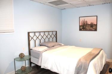 bedroom with dark hardwood / wood-style floors