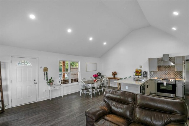 living room with dark hardwood / wood-style floors, high vaulted ceiling, and sink