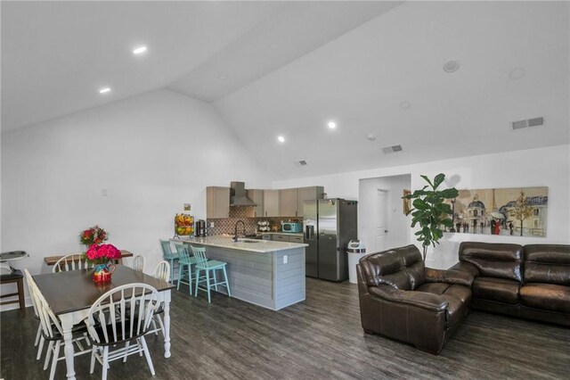 living room with lofted ceiling, dark wood-type flooring, and sink