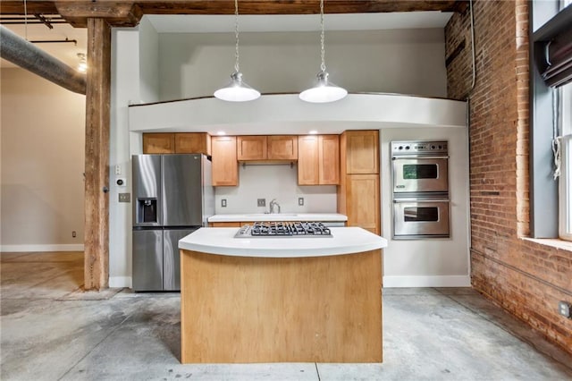 kitchen featuring unfinished concrete floors, appliances with stainless steel finishes, and a towering ceiling