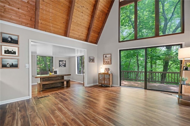 182 White Eagle Dr, Waleska, GA 30183 - living room featuring high vaulted ceiling, baseboards, wood finished floors, and wood ceiling with exposed beams