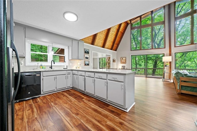 182 White Eagle Dr, Waleska, GA 30183 - kitchen featuring black appliances, a peninsula, high vaulted ceiling, healthy amount of natural light, and dark wood-type flooring
