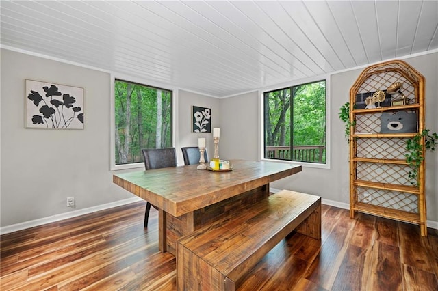 182 White Eagle Dr, Waleska, GA 30183 - dining space featuring wooden ceiling, wood finished floors, baseboards, and ornamental molding