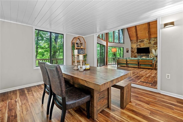 182 White Eagle Dr, Waleska, GA 30183 - dining space featuring wooden ceiling, wood finished floors, baseboards, a fireplace, and vaulted ceiling