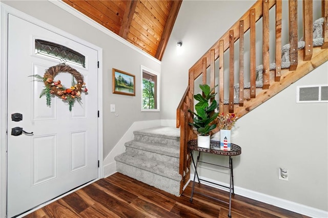 182 White Eagle Dr, Waleska, GA 30183 - foyer entrance with stairway, wooden ceiling, wood finished floors, and baseboards