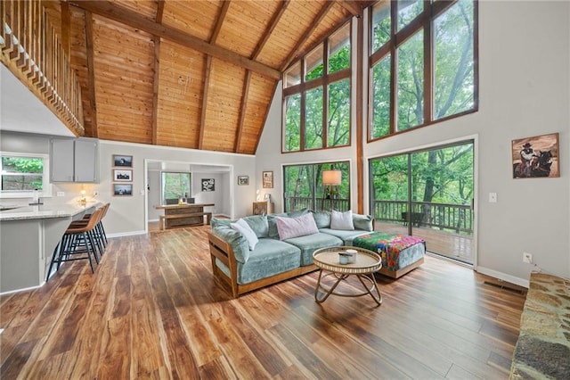 182 White Eagle Dr, Waleska, GA 30183 - living area featuring high vaulted ceiling, hardwood / wood-style floors, wooden ceiling with exposed beams, and baseboards