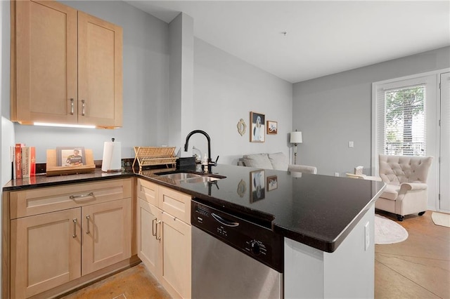 kitchen with dishwasher, light brown cabinets, a sink, a peninsula, and open floor plan
