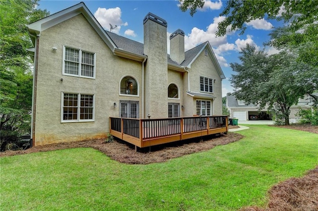 12130 Helleri Holw, Alpharetta, GA 30005 - rear view of house with stucco siding, a wooden deck, a chimney, a yard, and french doors