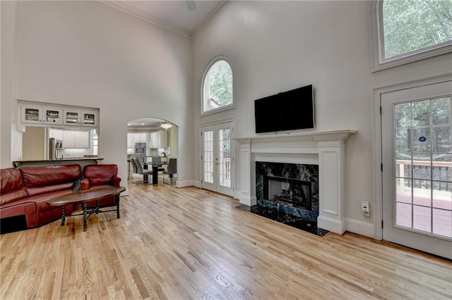 12130 Helleri Holw, Alpharetta, GA 30005 - living room with a towering ceiling, arched walkways, crown molding, wood finished floors, and a high end fireplace