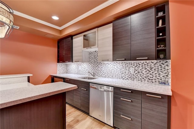 12130 Helleri Holw, Alpharetta, GA 30005 - kitchen featuring stainless steel dishwasher, open shelves, crown molding, tasteful backsplash, and dark brown cabinetry